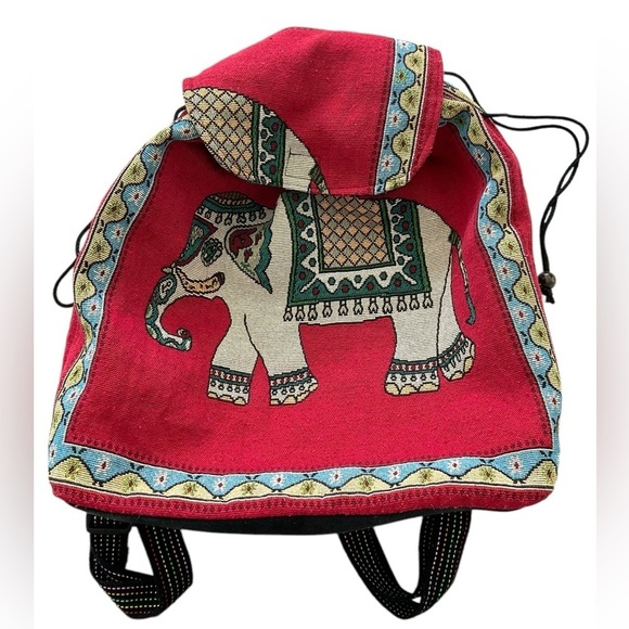 Tibetan Elephant Backpack Drawstring LARGE Red Multicolor Colorful - Picture 5 of 12